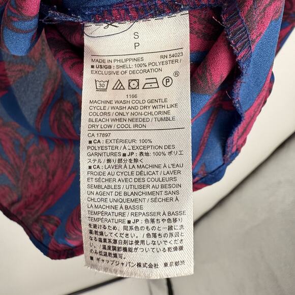 Banana Republic Chiffon 3/4 Sleeve Top Wom size Small Blue Pink Floral Popover - Picture 6 of 11